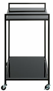 Moderner schwarzer Beistellwagen mit zwei Ebenen und Rollen, Frontalansicht.
