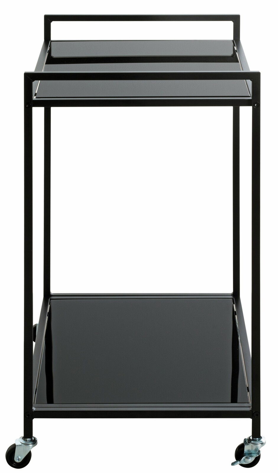 Moderner schwarzer Beistellwagen mit zwei Ebenen und Rollen, Frontalansicht.