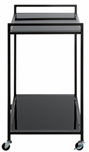 Moderner schwarzer Beistellwagen mit zwei Ebenen und Rollen, Frontalansicht.