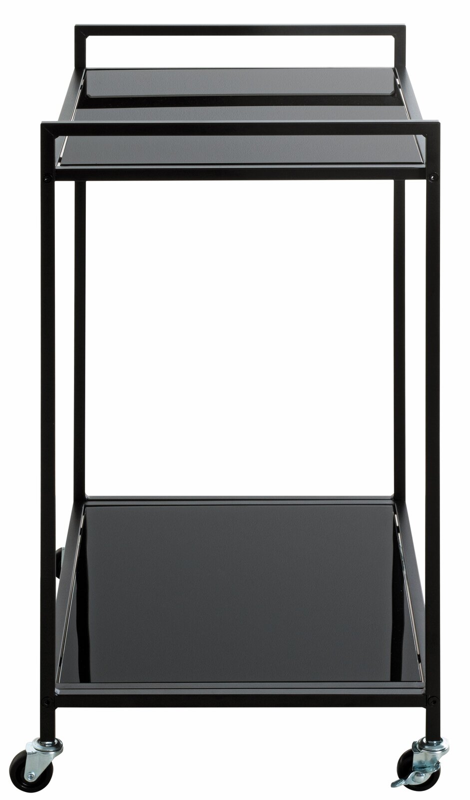 Moderner schwarzer Beistellwagen mit zwei Ebenen und Rollen, Frontalansicht.