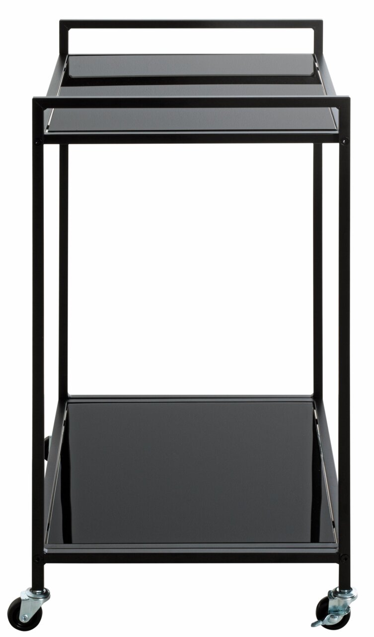 Moderner schwarzer Beistellwagen mit zwei Ebenen und Rollen, Frontalansicht.