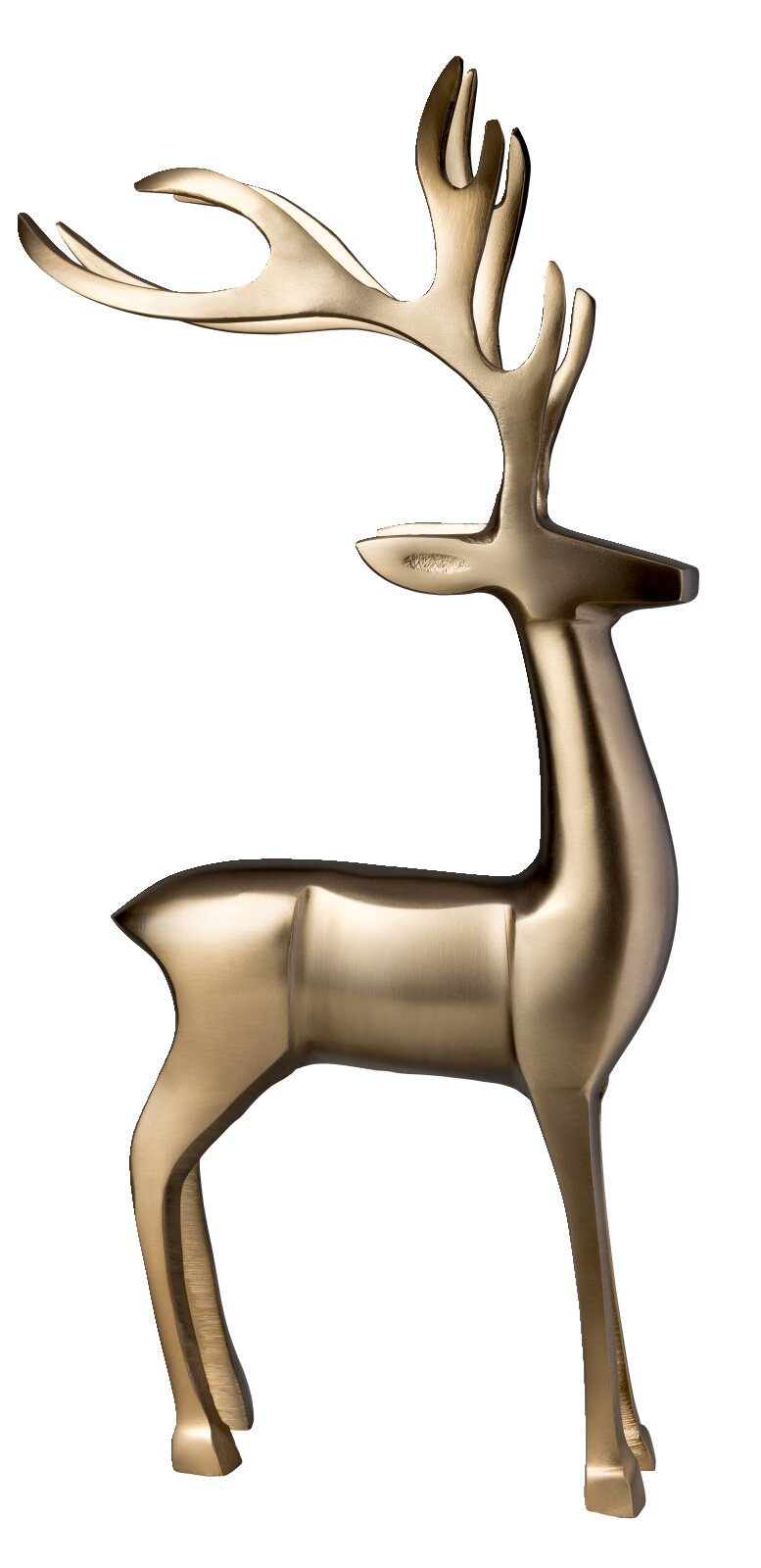 Elegante goldfarbene Hirschfigur mit imposantem Geweih, in seitlicher Vorderansicht vor weißem Hintergrund