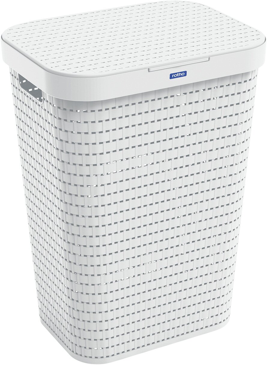 rotho Wäschesammler 55L COUNTRY Weißer Rotho Wäschekorb/Wäschebox aus Kunststoff in Flechtoptik mit Deckel, freigestellt, Ansicht schräg von vorne oben