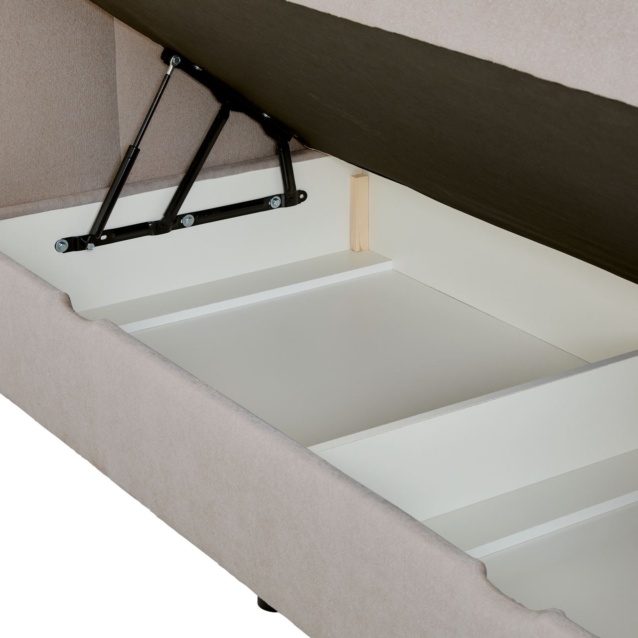 Boxbett mit geöffnetem Stauraum, seitliche Perspektive