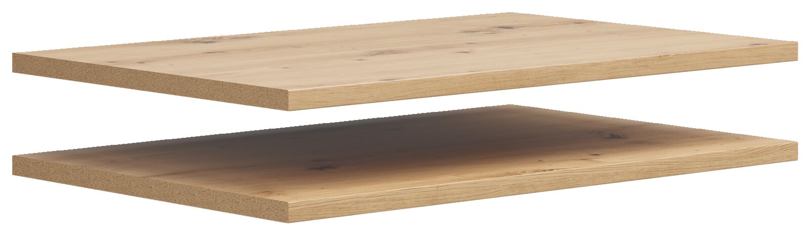 Zwei übereinander schwebende Einlegeböden aus Holz in einer schrägen Seitenansicht.