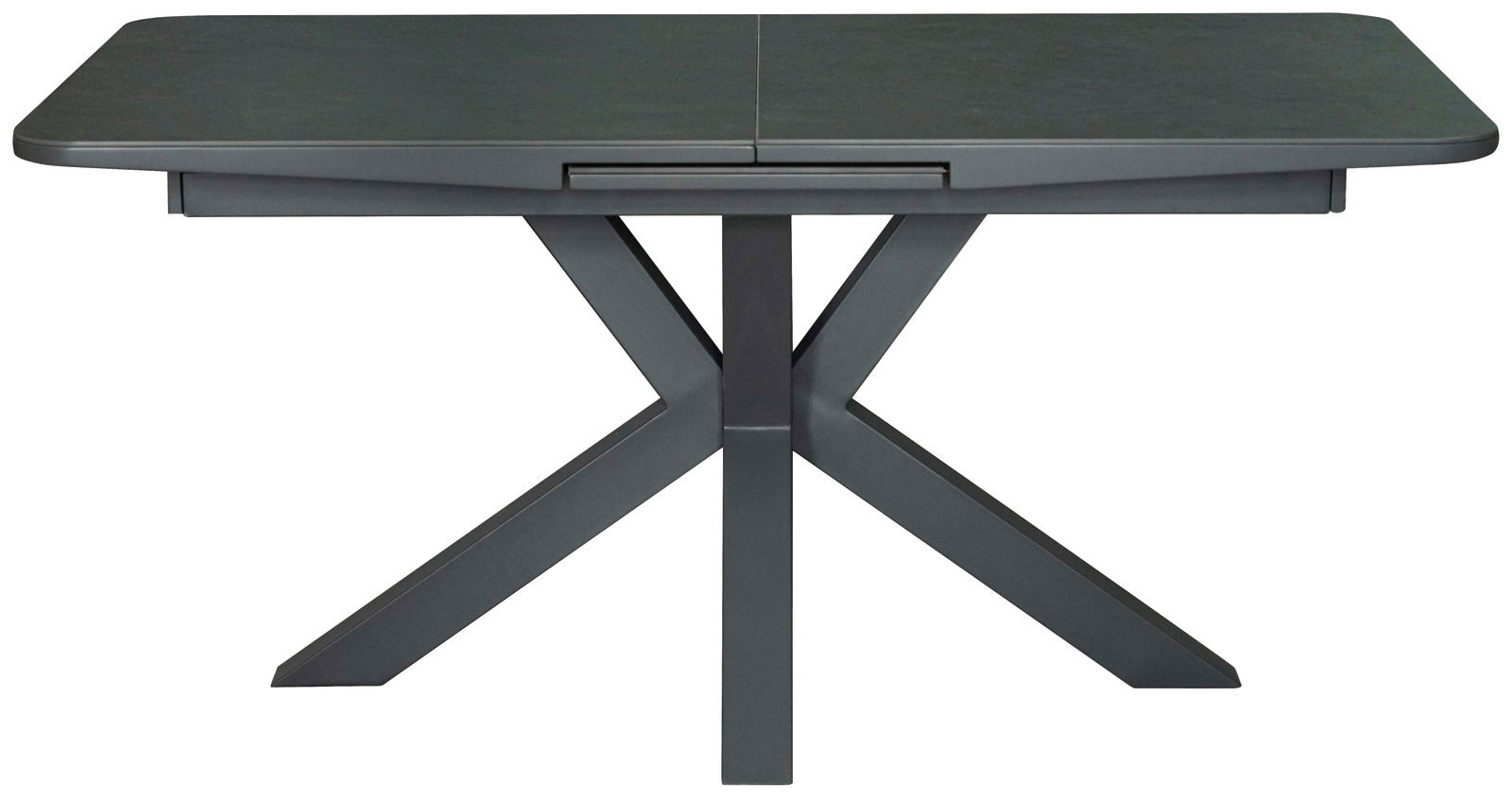 Moderner Esstisch mit X-förmigem Gestell in dunkler Farbe, Frontalansicht