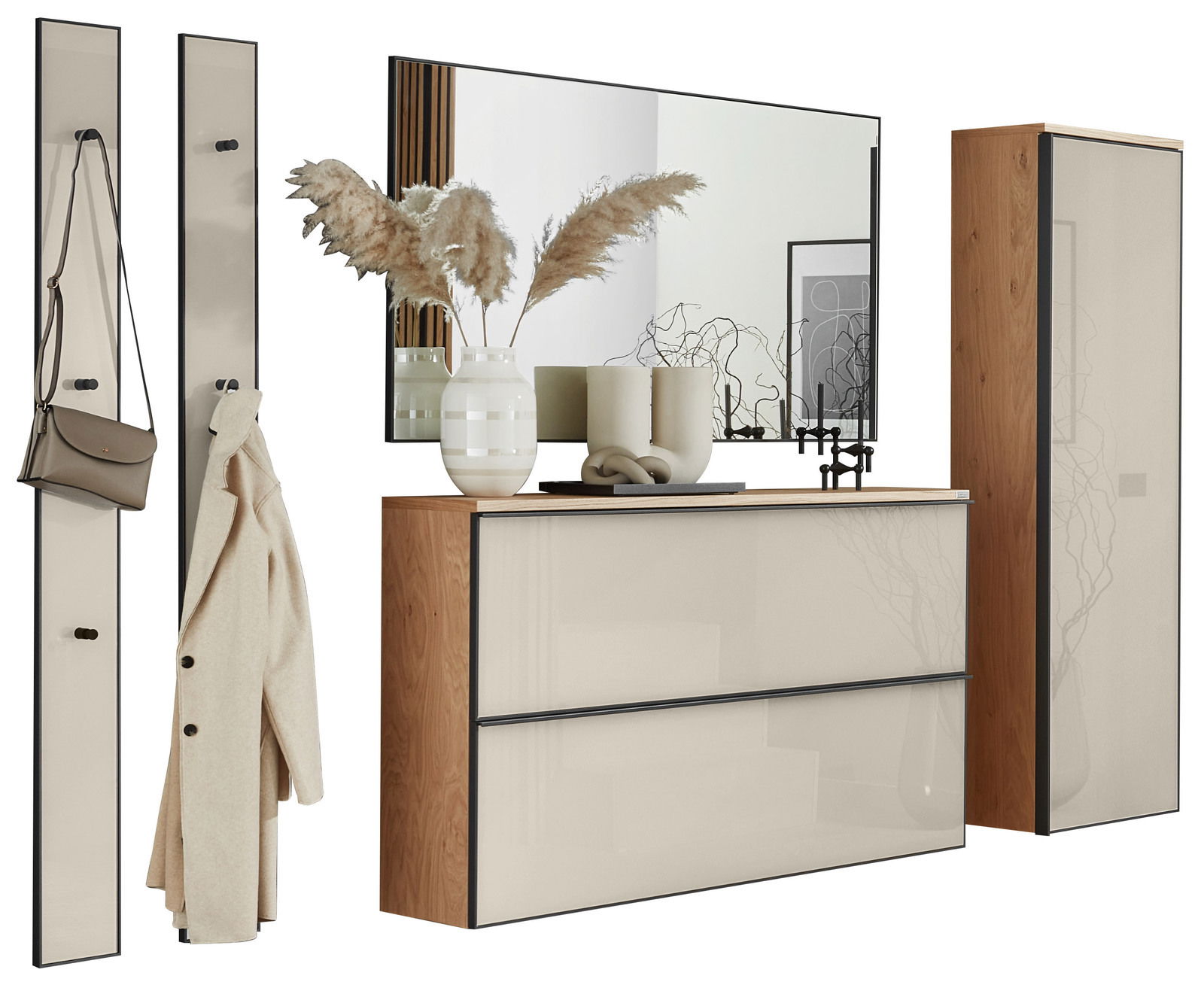 Modernes Garderoben-Set mit Spiegel, Schrank und Haken, seitliche Perspektive