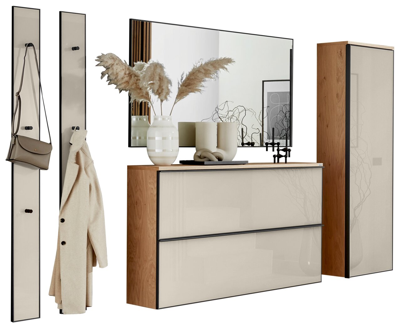 Modernes Garderoben-Set mit Spiegel, Schrank und Haken, seitliche Perspektive