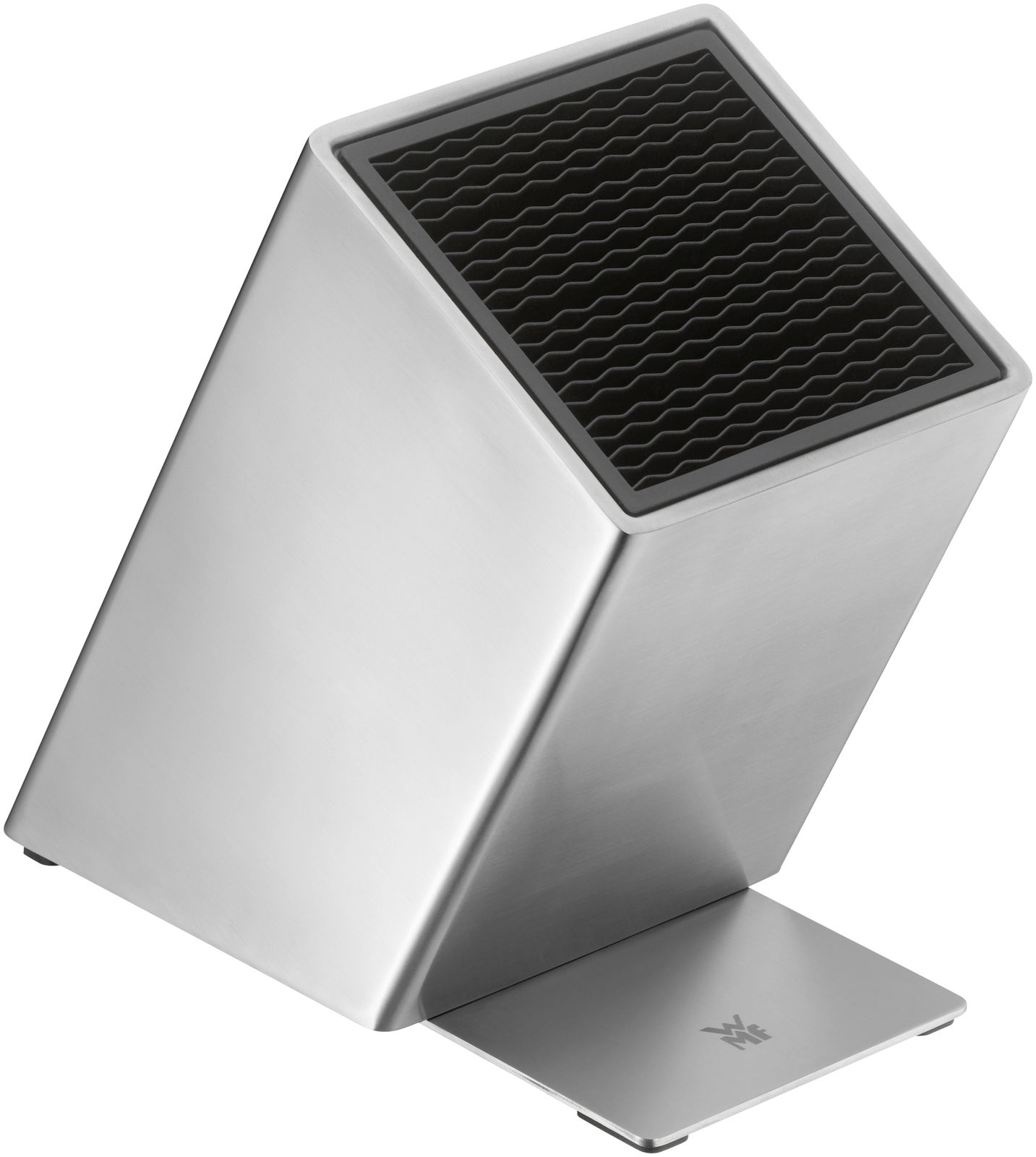 WMF Unbestückter Messerblock Silberner Messerblock aus Edelstahl, unbestückt, in schräger Perspektive von der Seite fotografiert.