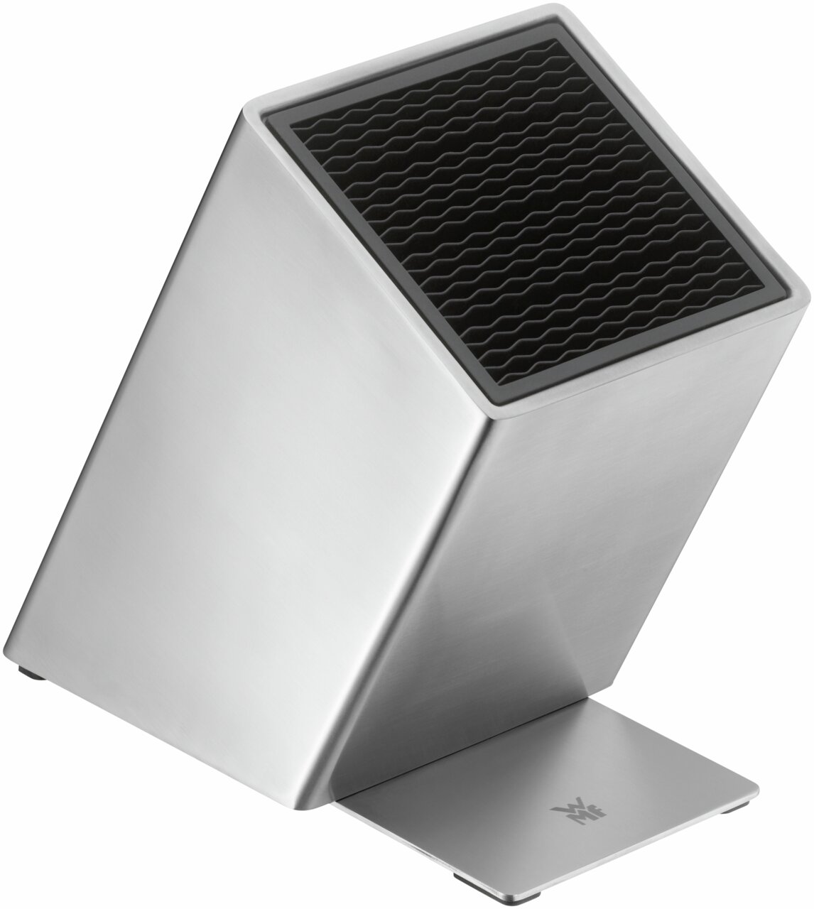 WMF Unbestückter Messerblock Silberner Messerblock aus Edelstahl, unbestückt, in schräger Perspektive von der Seite fotografiert.