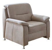 Beiger Sessel aus Stoff mit Armlehnen und Metallfüßen, seitliche Perspektive