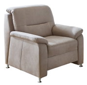 Beige stoffen fauteuil met armleuningen en metalen poten, zijaanzicht