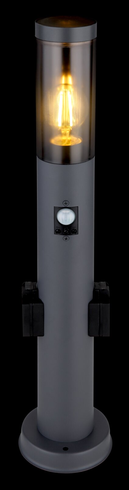 Moderne Außenleuchte in zylindrischer Form mit sichtbarem Leuchtmittel und Steckdosen, frontal betrachtet.