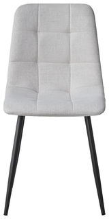 Moderner Stuhl mit hellgrauem, gepolstertem Sitz und schwarzen Metallbeinen, Frontalansicht
