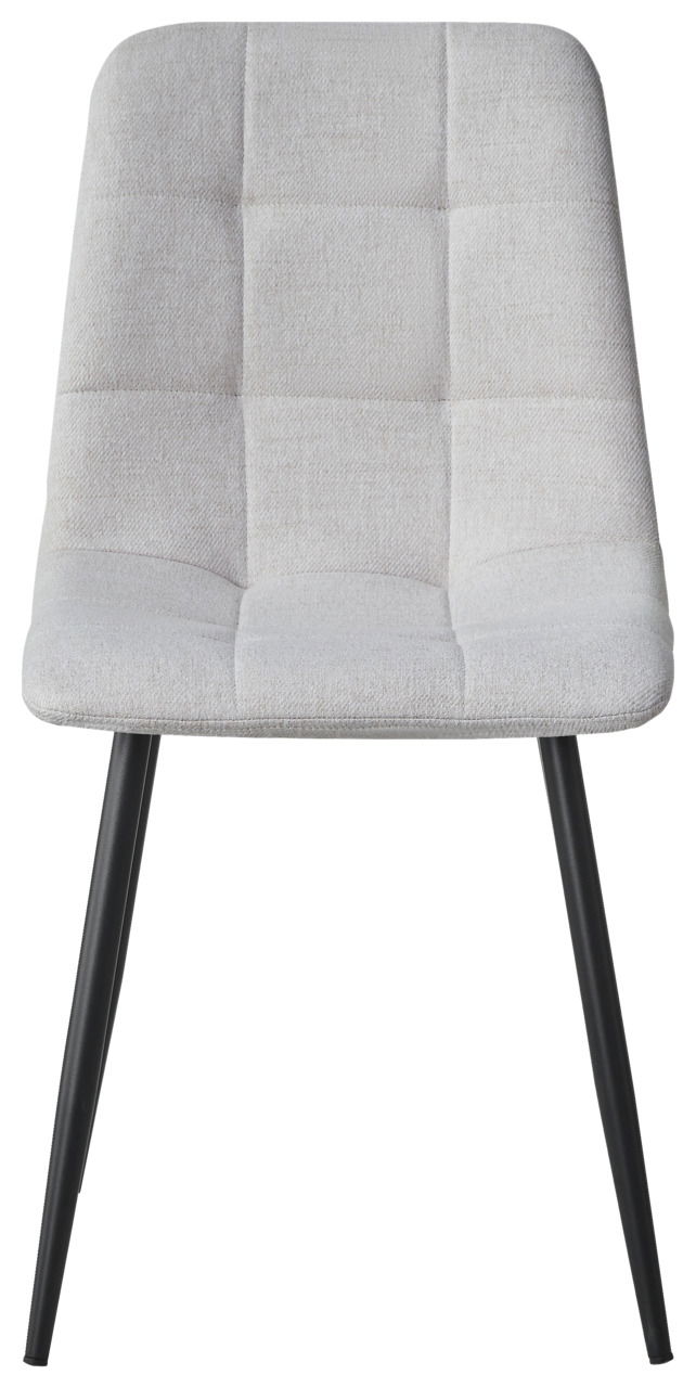 Moderner Stuhl mit hellgrauem, gepolstertem Sitz und schwarzen Metallbeinen, Frontalansicht