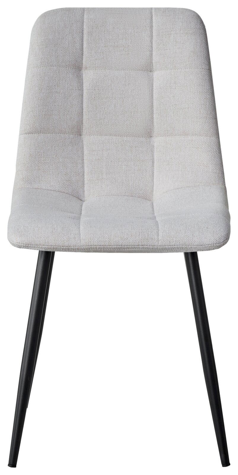 Moderner Stuhl mit hellgrauem, gepolstertem Sitz und schwarzen Metallbeinen, Frontalansicht