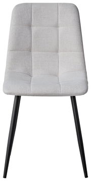 Moderner Stuhl mit hellgrauem, gepolstertem Sitz und schwarzen Metallbeinen, Frontalansicht