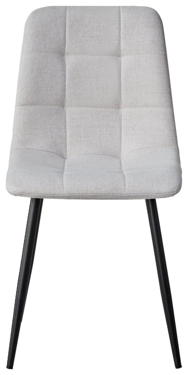 Moderner Stuhl mit hellgrauem, gepolstertem Sitz und schwarzen Metallbeinen, Frontalansicht