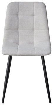 Moderner Stuhl mit hellgrauem, gepolstertem Sitz und schwarzen Metallbeinen, Frontalansicht