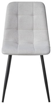 Moderner Stuhl mit hellgrauem, gepolstertem Sitz und schwarzen Metallbeinen, Frontalansicht
