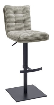 Moderner Barhocker mit gepolstertem, geripptem Sitz in Grau und schwarzem Metallgestell, seitliche Perspektive