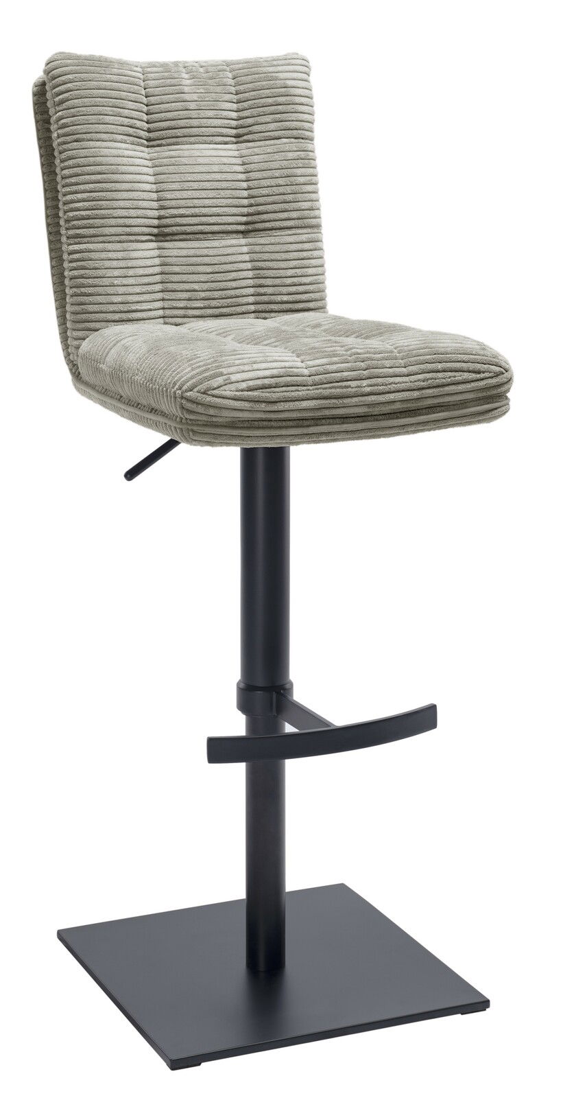 Moderner Barhocker mit gepolstertem, geripptem Sitz in Grau und schwarzem Metallgestell, seitliche Perspektive