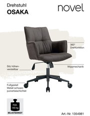 Drehstuhl Osaka in seitlicher Perspektive, mit 360° Drehfunktion, höhenverstellbarem Sitz, Wippmechanik und schwarzem Metallfußgestell, belastbar bis 140 kg.