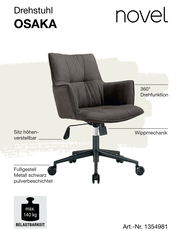 Drehstuhl Osaka in seitlicher Perspektive, mit 360° Drehfunktion, höhenverstellbarem Sitz, Wippmechanik und schwarzem Metallfußgestell, belastbar bis 140 kg.