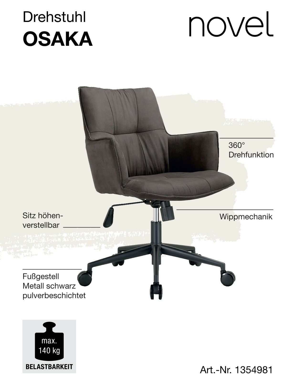 Drehstuhl Osaka in seitlicher Perspektive, mit 360° Drehfunktion, höhenverstellbarem Sitz, Wippmechanik und schwarzem Metallfußgestell, belastbar bis 140 kg.