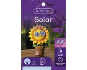 Zonnefiguur in de vorm van een zonnebloem met bewegende ogen, op een tafel geplaatst, van voren gezien.