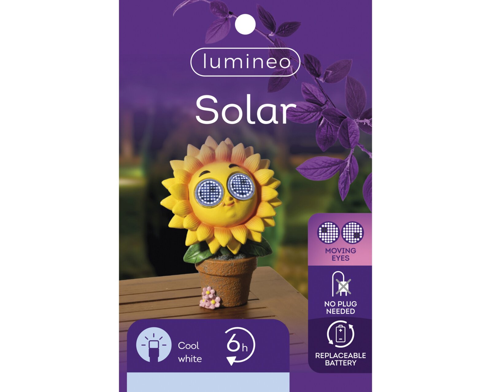 Zonnefiguur in de vorm van een zonnebloem met bewegende ogen, op een tafel geplaatst, van voren gezien.