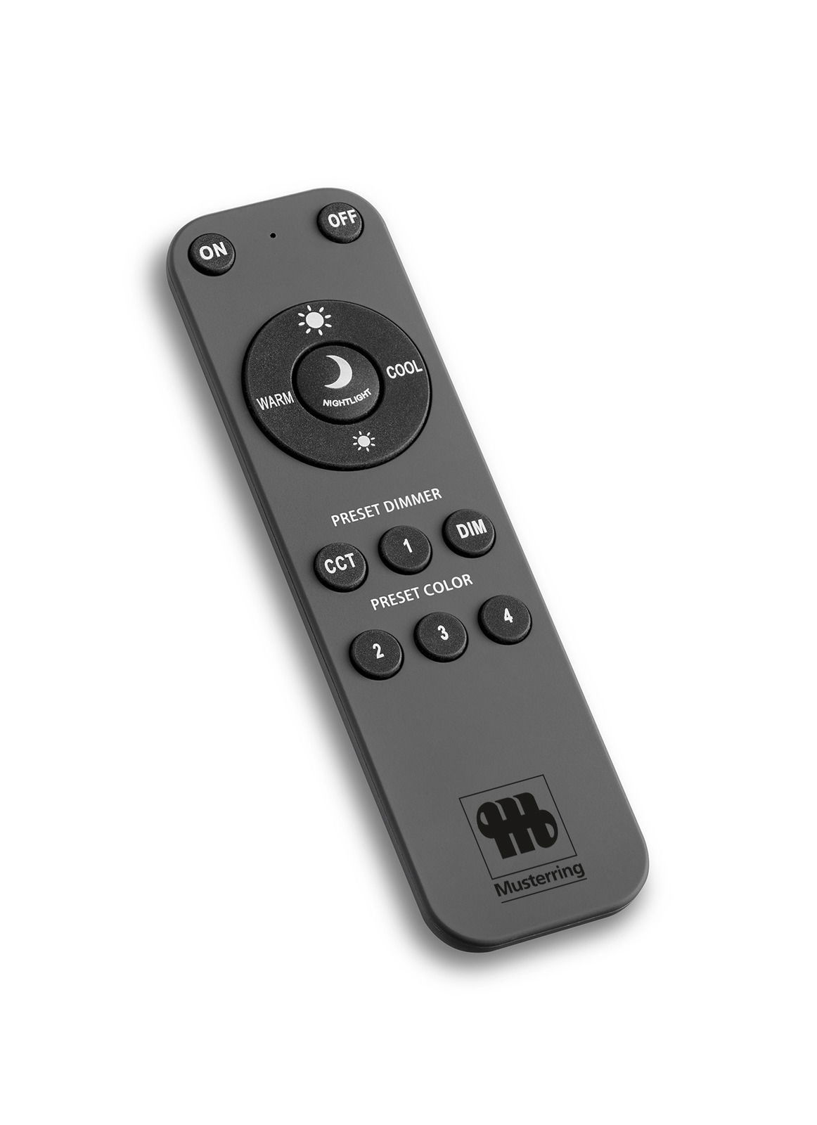 Musterring Pendelleuchte CALINA Fernbedienung für Musterring Leuchten, schräg von oben fotografiert, mit Tasten für Ein/Aus, Dimmer und Farbtemperatur.