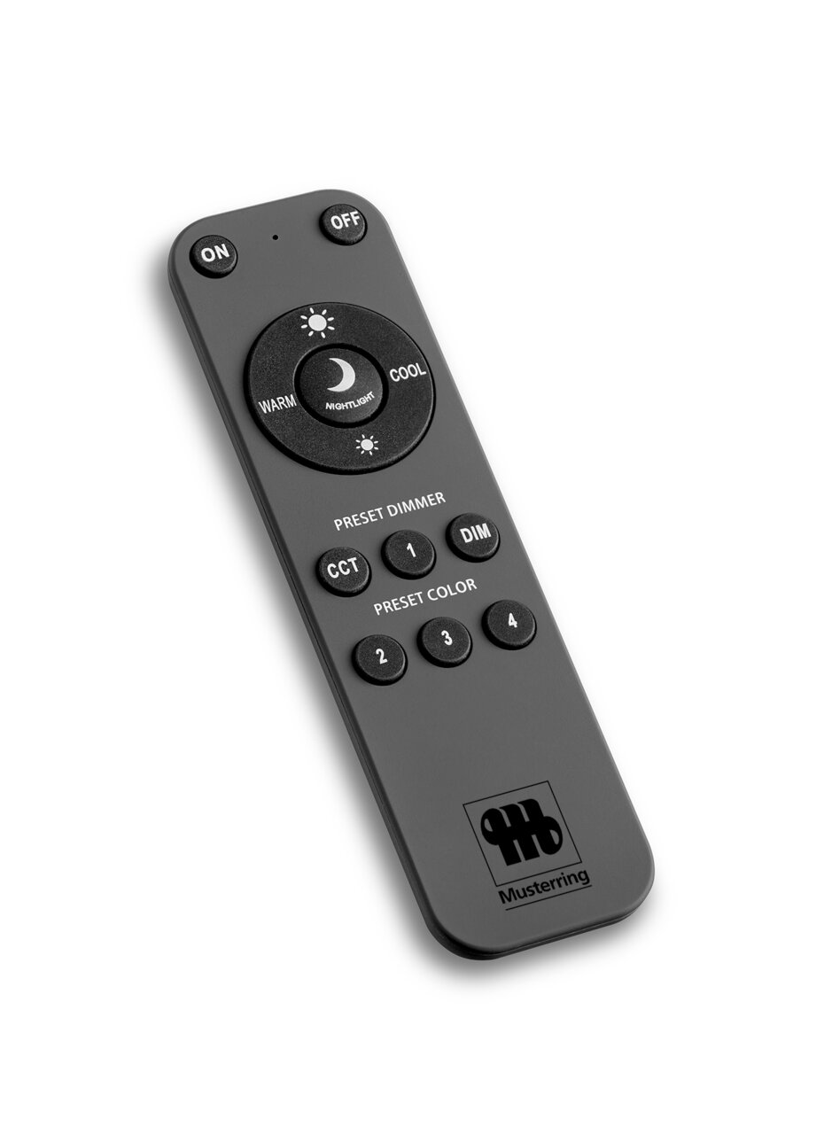 Musterring Pendelleuchte CALINA Fernbedienung für Musterring Leuchten, schräg von oben fotografiert, mit Tasten für Ein/Aus, Dimmer und Farbtemperatur.