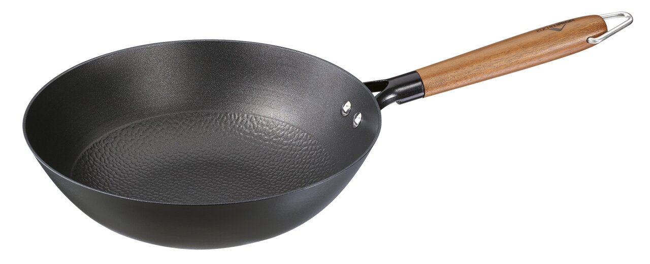 Wokpfanne COUNTRY, 28 cm, schwarze Antihaftbeschichtung, Holzgriff, seitliche Perspektive