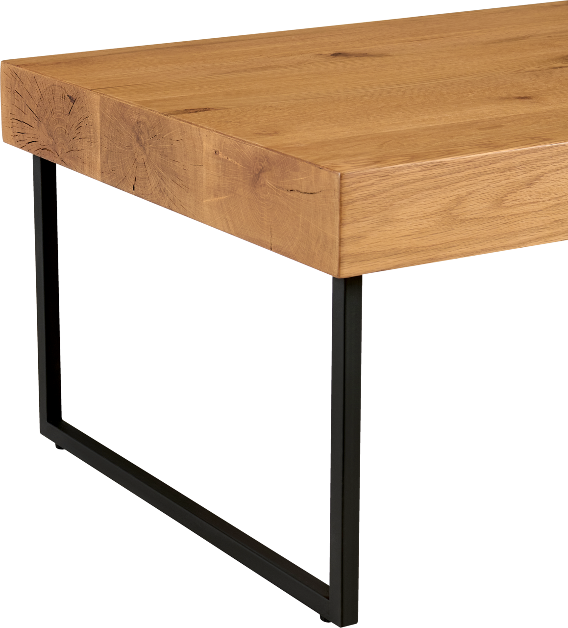 Moderner Couchtisch aus Holz mit Metallgestell, seitliche Perspektive