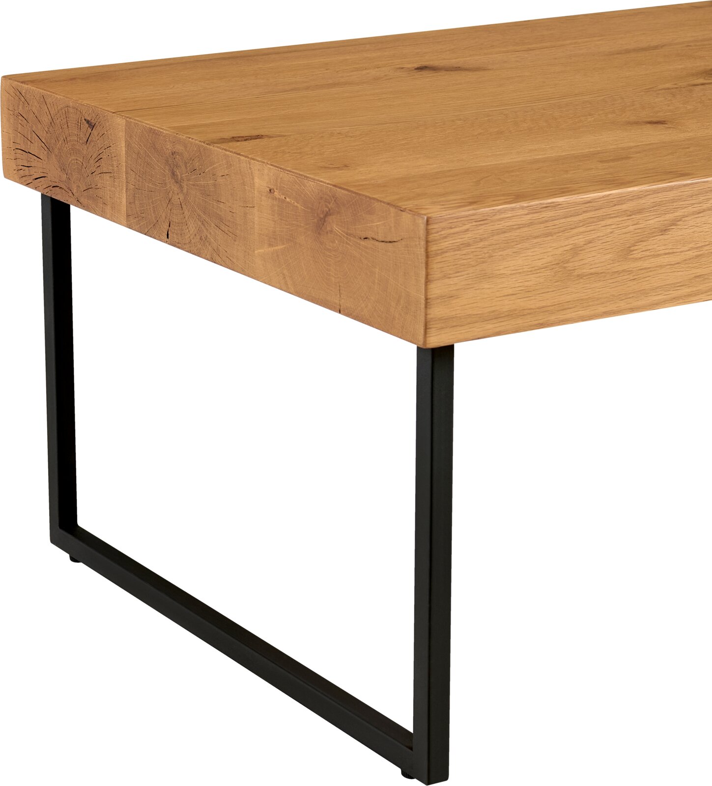 Moderne houten salontafel met metalen onderstel, zijaanzicht