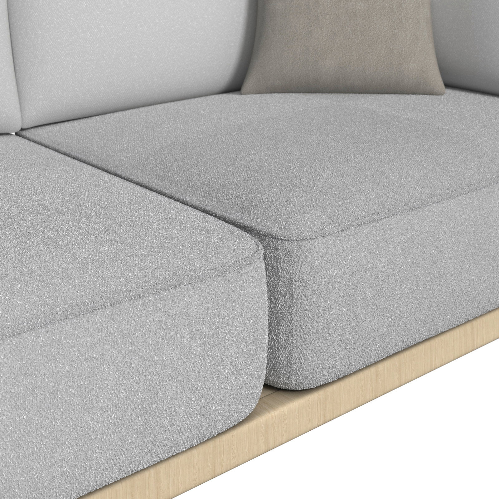 Nahaufnahme eines grauen Loungesofas mit zwei Sitzplätzen, seitliche Perspektive