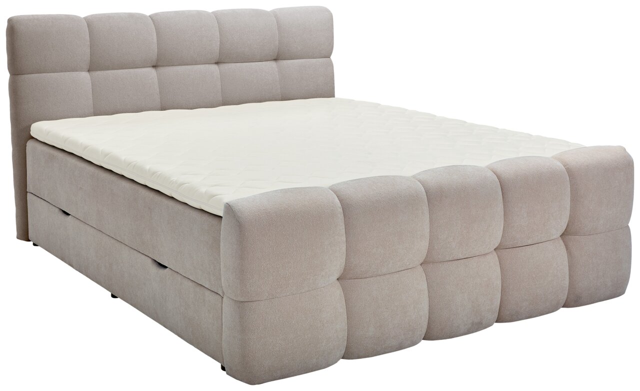 Beiges Boxbett mit gepolstertem Kopfteil und seitlicher Perspektive