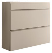 Beigefarbener Hängeschuhschrank mit zwei Klappen und einer Schublade, seitliche Perspektive