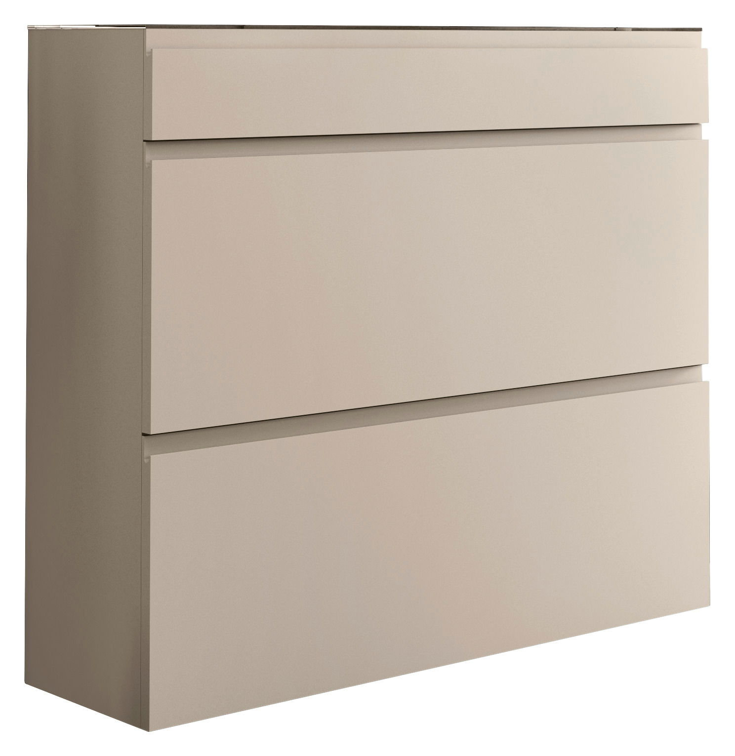 Beigefarbener Hängeschuhschrank mit zwei Klappen und einer Schublade, seitliche Perspektive