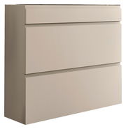 Beigefarbener Hängeschuhschrank mit zwei Klappen und einer Schublade, seitliche Perspektive