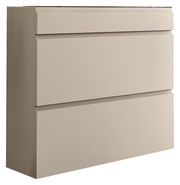 Beigefarbener Hängeschuhschrank mit zwei Klappen und einer Schublade, seitliche Perspektive