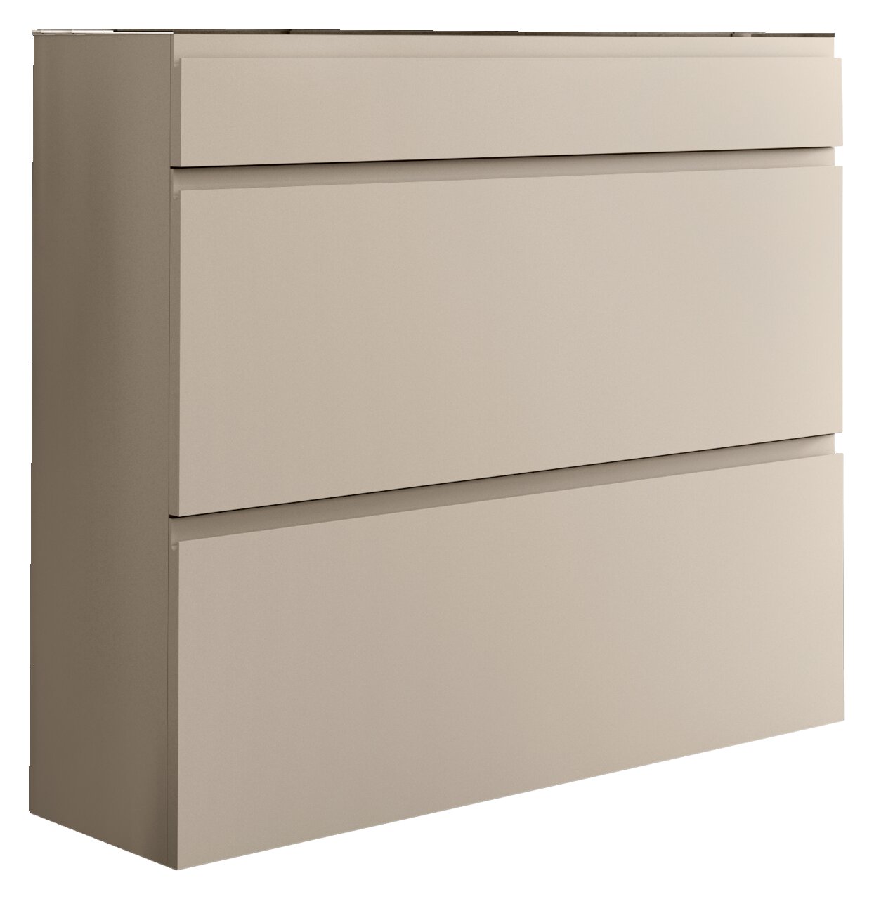 Beigefarbener Hängeschuhschrank mit zwei Klappen und einer Schublade, seitliche Perspektive