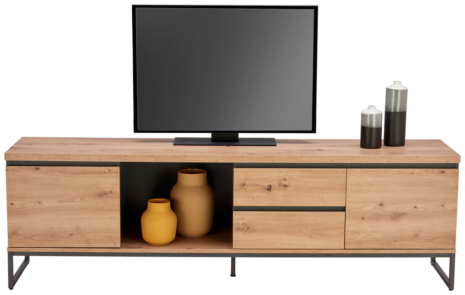 TV-Lowboard aus Holz mit Metallrahmen, zwei Schubladen und offenen Fächern, darauf ein Fernseher und Dekoration, frontale Ansicht