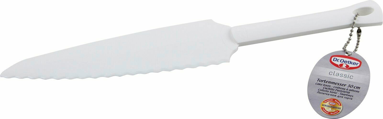 Weißes Tortenmesser 30cm Classic von Dr. Oetker, seitliche Ansicht mit Etikett.