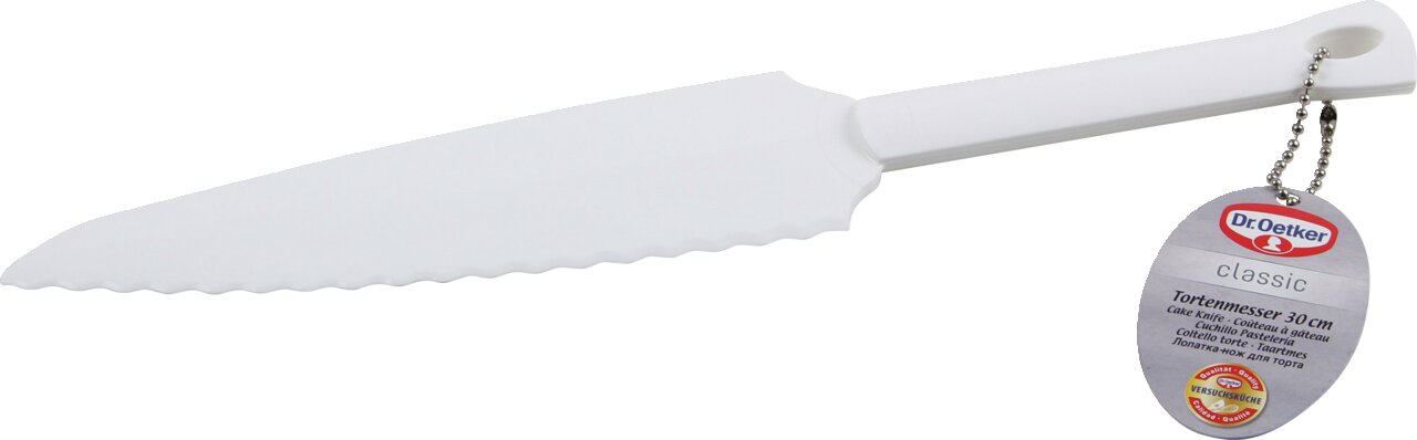 Weißes Tortenmesser 30cm Classic von Dr. Oetker, seitliche Ansicht mit Etikett.