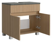Waschbeckenunterschrank aus Holz mit geöffneter Tür, Ansicht von vorne links