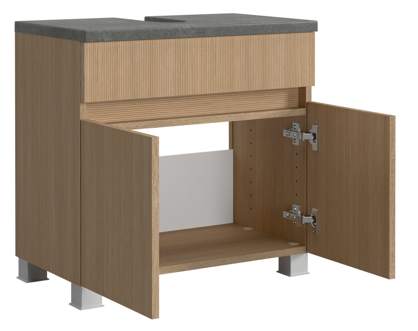 Waschbeckenunterschrank aus Holz mit geöffneter Tür, Ansicht von vorne links