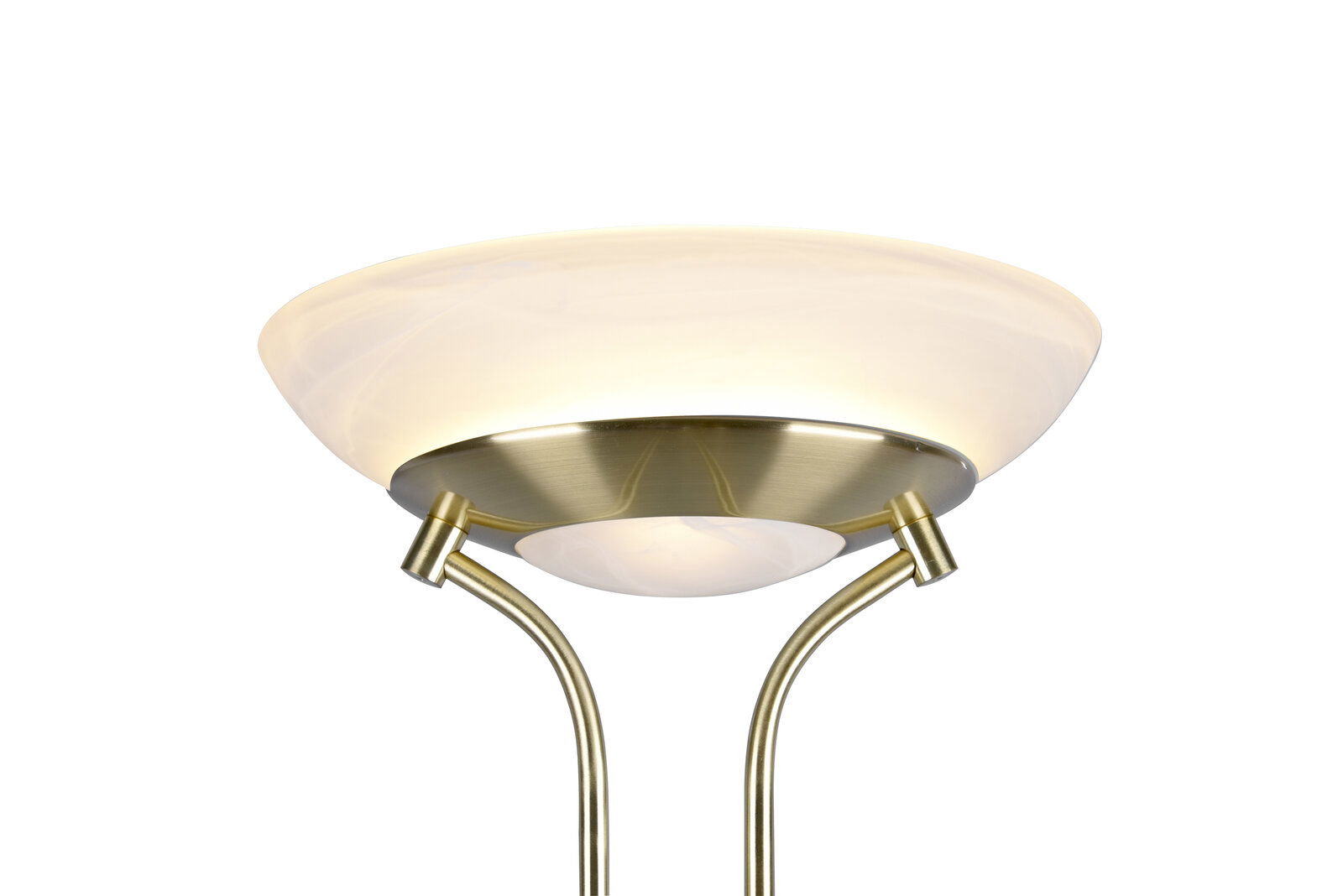 LED-Deckenfluter aus der Seitenperspektive mit gebürstetem Metall und einem eleganten, runden Lampenschirm.