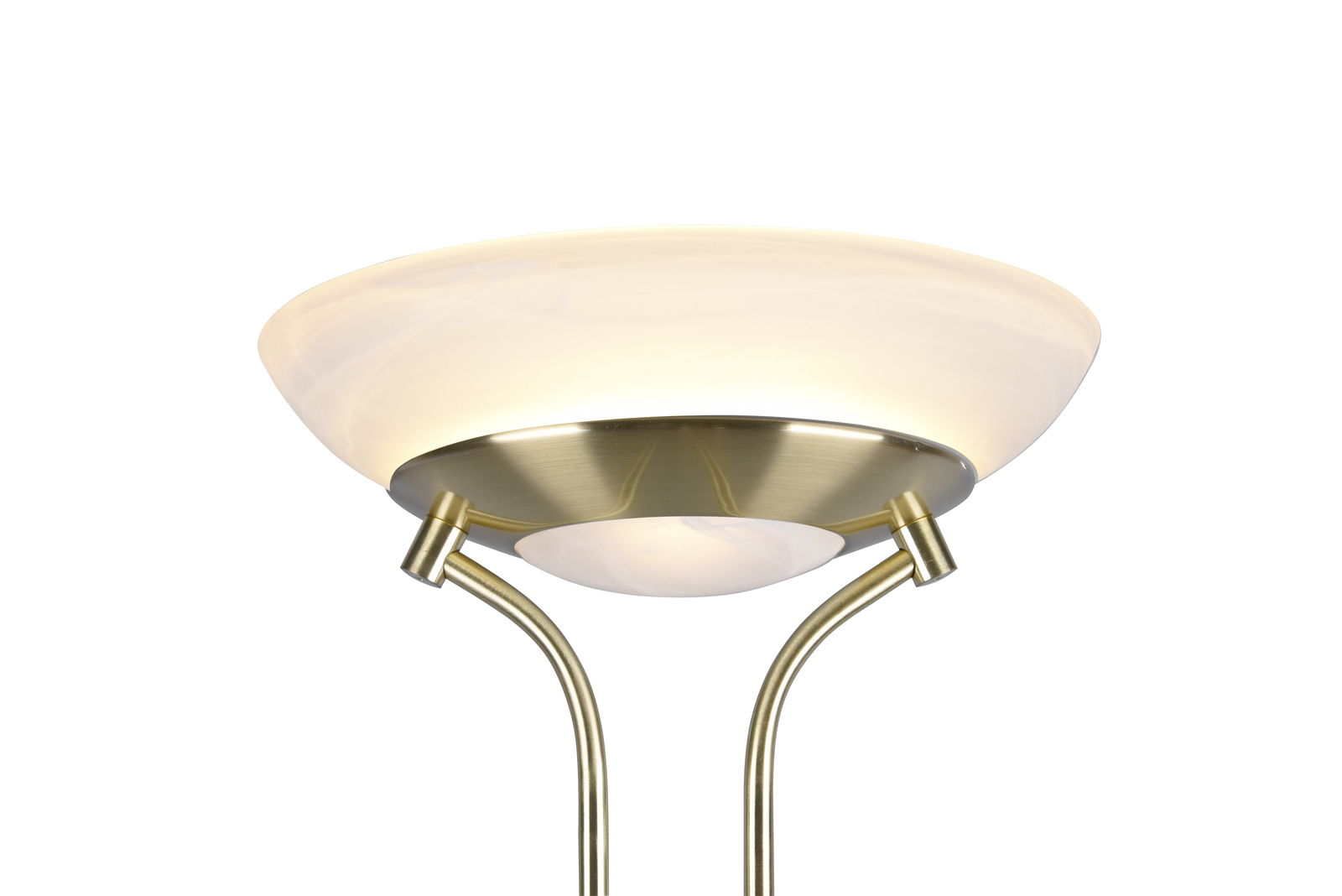 LED-Deckenfluter aus der Seitenperspektive mit gebürstetem Metall und einem eleganten, runden Lampenschirm.